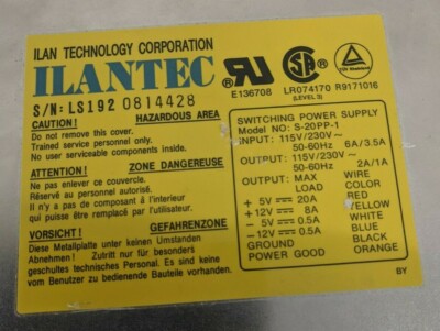 ILAN TECNOLOGY ILANTEC S-20PP-1 AT Computer Power Supply AC Switch 286 386 486 