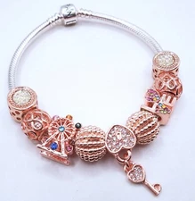 PANDORA SILVER CHARM BRACELET WITH ROSE KEY HEART CHARMS & GIFT BOX!