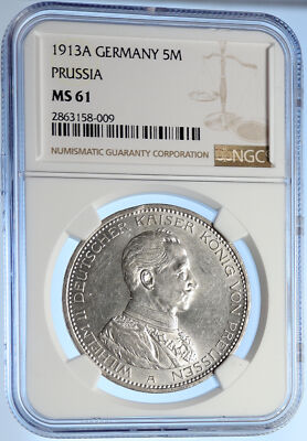 1913 GERMANY GERMAN STATES PRUSSIA WILHELM II Old Silver 5 Mark
