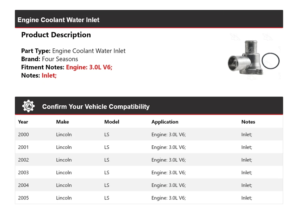 Para Lincoln LS 2000-2005 3,0 L V6 Motor Refrigerante Entrada de Agua 4 Temporadas 2001 2002 Foto 2 de 4