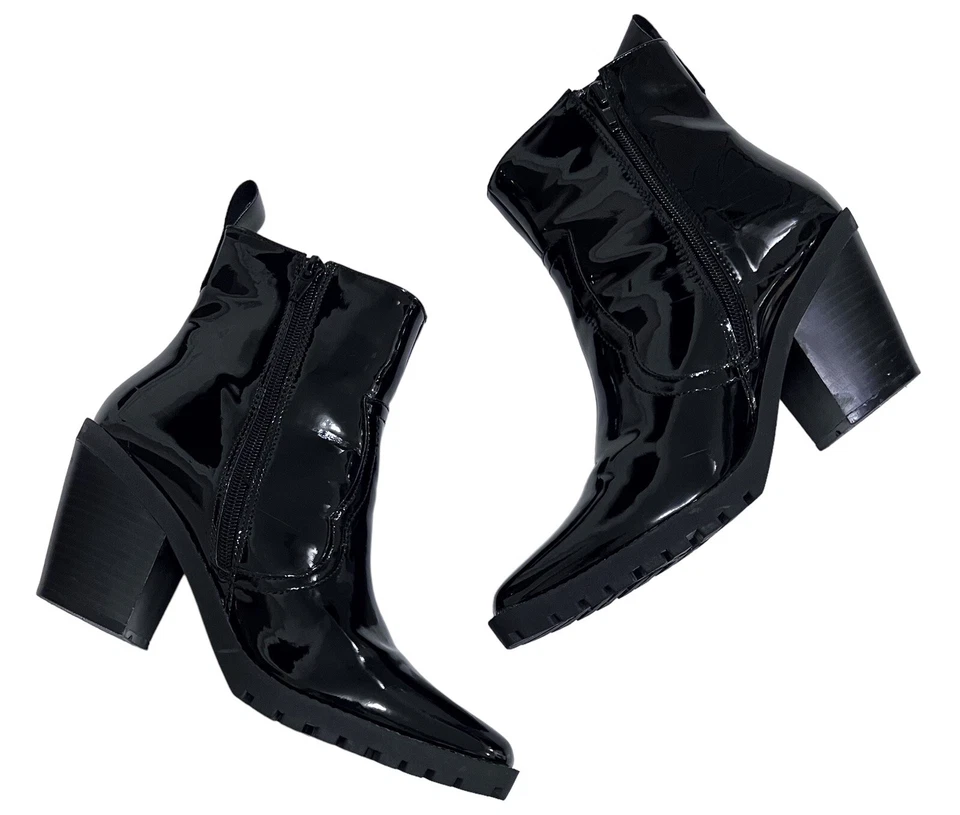 Diba Black Western Ankle Boot Cheyanne Shiny Patent Snip Toe Chunky Heel 7.5 M - Image 3 of 4