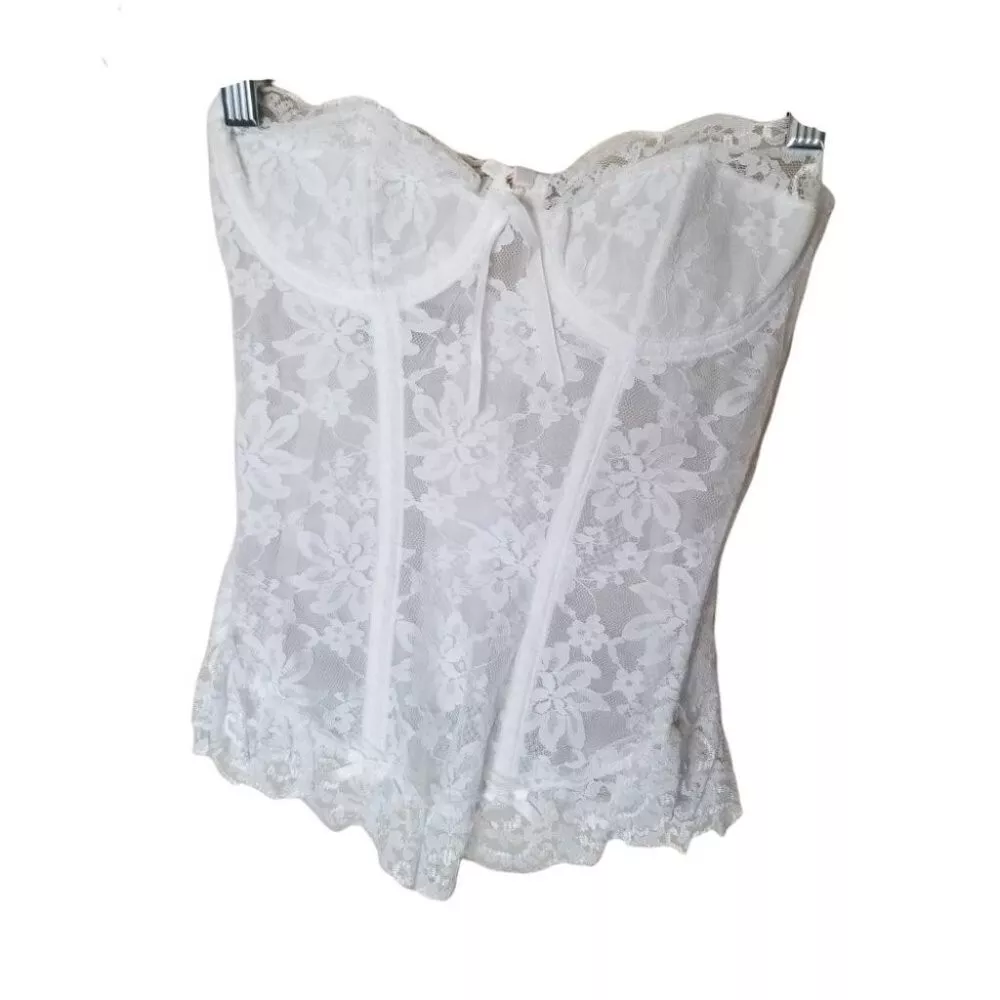 Vintage La Vie En Rose Satin Lace Bustier Corset White 36B