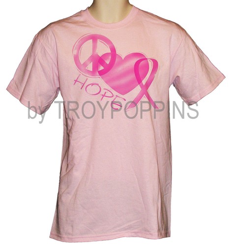 1-PEACE LOVE HOPE BREAST CANCER RIBBON AWARENESS HEART GRAPHIC PRINTED T-SHIRT - Picture 3 of 4