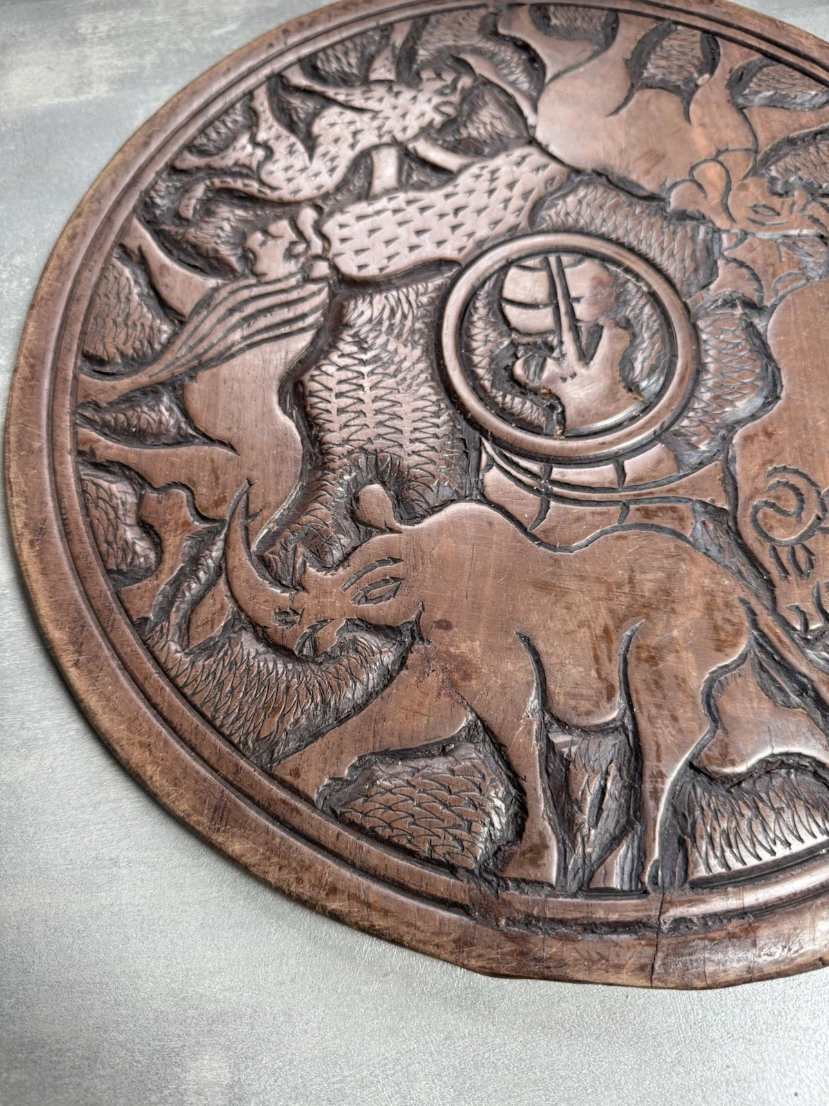 African Hand Carved Wooden Decorative Plate/Platter Double Sided Safari Animals 2