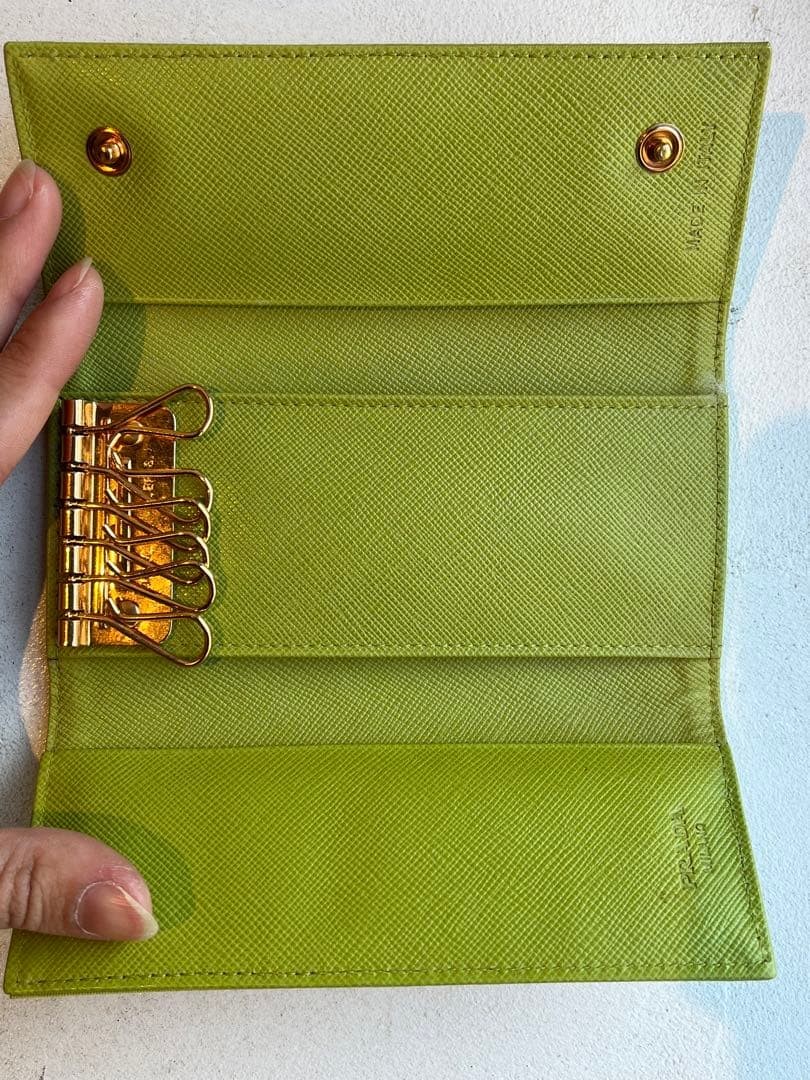PRADA Nylon 6 Key Hooks Case Green Gold Triangle Logo Plate 13x6cm Brand New thumbnail 6