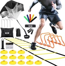 GHB Agility Training Set 20ft Ladder 4 Hurdles Cones Parachute Resistance Bands