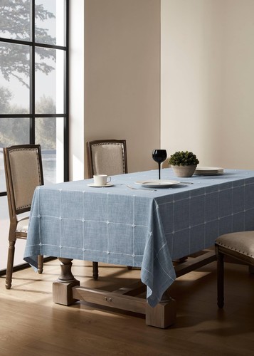 Grid Embroidered Hemmed Tablecloths, Blue 60x120 Inch, Farmhouse Style Heavy ... - Picture 2 of 7