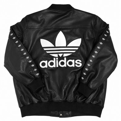 Adidas Black Leather Varsity Bomber Jacket Trefoil Logo Men s
