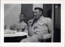 WW2 Photo Two Marines Sitting and Eating at Table in Uniforms Indoors