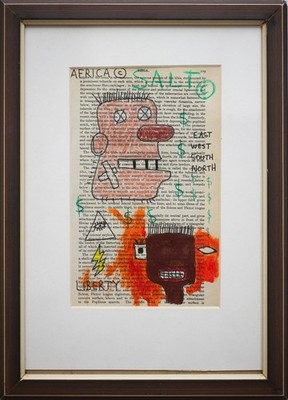 ''Aerica'' Jean-Michel Basquiat, Acryl auf Buchseiten, 12 x 20 cm, gerahmt