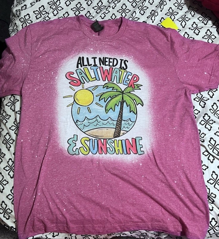 Women’s L top T-shirt “All I need is water and sunshine”pink with bleach dye 