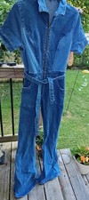 VTG Fashion Nova Womens Blue Denim Jumpsuit Work Coveralls Size Med Wide Bottom