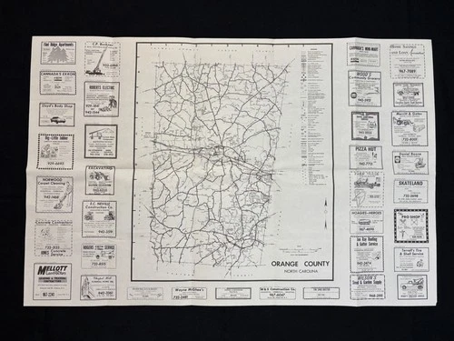 1975 Orange County North Carolina Map w/ Advertising Hillsborough Chapel Hill NC