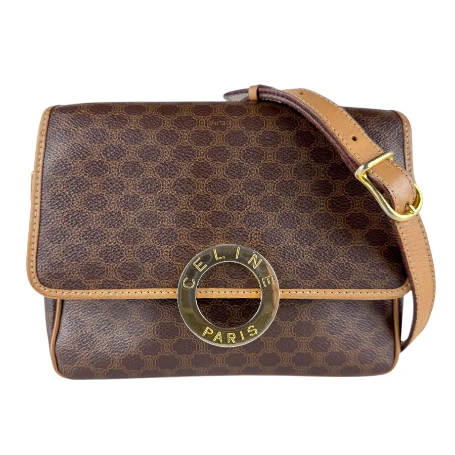 Celine — Auth CELINE Macadam Shoulder Bag Brown PVC/Leather/Goldtone - z8315