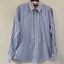 Robert Graham Blue Shirt Size L Button Down Flip Cuff Gingham Stripes Point Neck