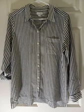 J Jill Long Sleeve Black N White Stripe Roll Tab Blouse Medium 100% Rayon HiLo