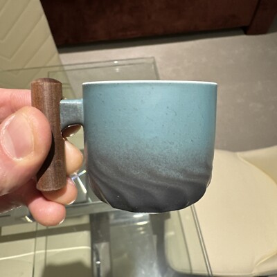 Neuheit Retro Holzgriff Keramik Kaffeetasse Geschenk grün blau Welle neu unbenutzt
