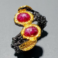 Unikat! Natürlicher Stern Rubin Ring - 925 Silber schwarz Rhodiniert + Gelbgold