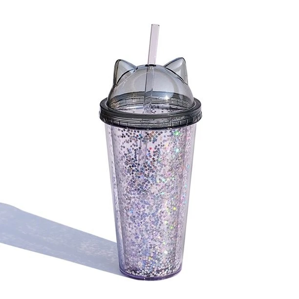 Kawaii Cute Cat Ear Tumbler Cup Water Bottle W Straw & Lid Silver Glitter  !nside