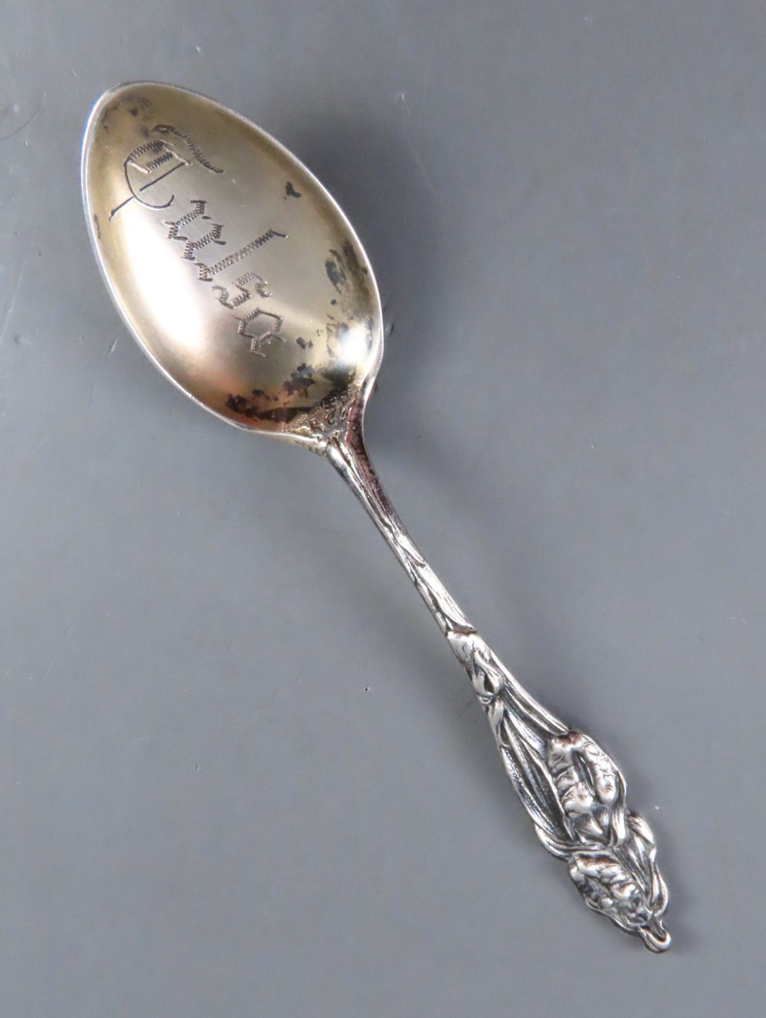 VTG Sterling Silver DEMITASSE SOUVENIR SPOON Tulsa Oklahoma LEAVE/FLORAL PATTERN