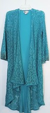 FLYING TOMATO Teal Blue Lace Fringe Open Front Long Jacket Kimono, Small