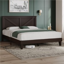 Full/Queen Wood Bed Frame with Headboard and Wood Slat Support, Espresso