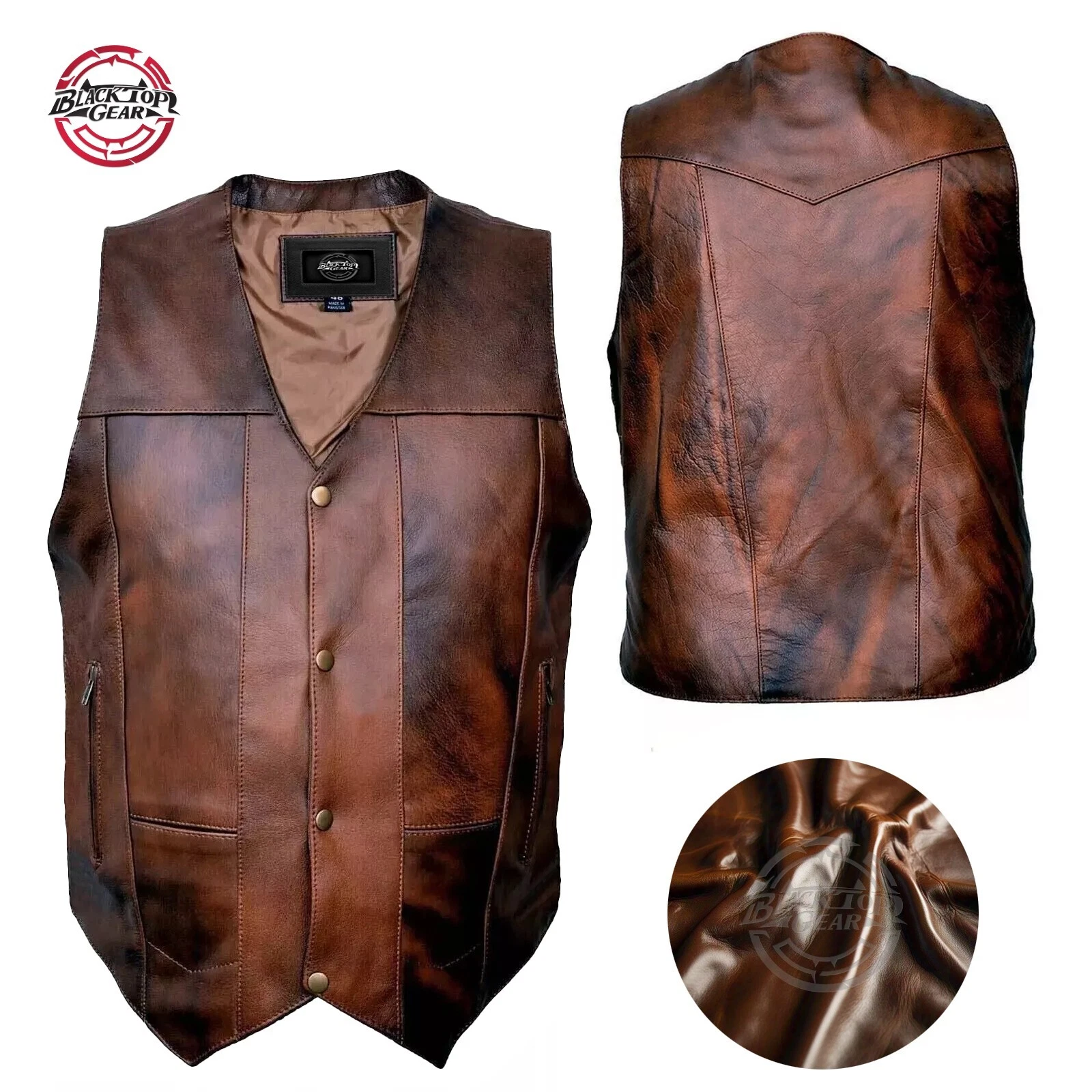 Men's 10 Pockets V -Neck Concealed Carry Retro Brown Buffalo Leather Vest