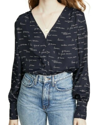 $279 NWT JOIE SzS DIPACK PRINTED V-NECK LONG SLEEVE CREPE PULLOVER TOP MIDNIGHT