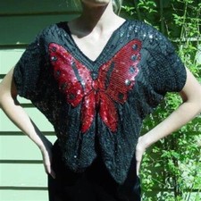 Vintage Silk Rayon Butterfly Sequin 70's Disco Top Black and Red Beaded Medium