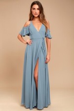 Privacy Please Cold Shoulder Wrap Maxi Dress Flutter Blue Medium Goddess Sexy NW