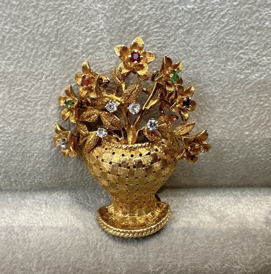 Винтажная цветочная корзина брошь с бриллиантами желтое золото 18 карат - HM2471S