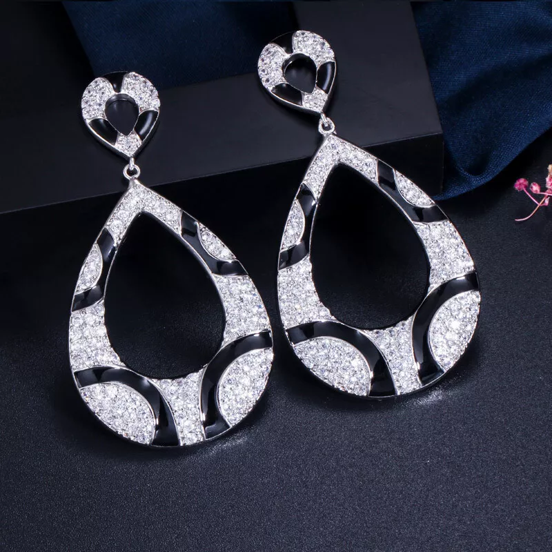 Snake Print Big Long Drop Earrirings Cubic Zircon Silver Plated