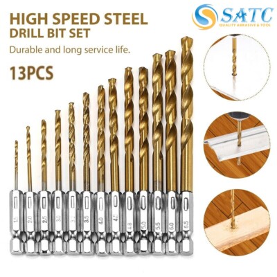 13PCS Titanium Metal HSS-G M2 Twist Drill Bit Set 1/16''-1/4'' Hex Shank Bits Kit