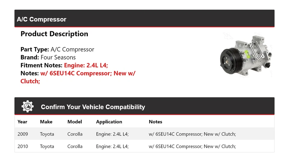 Para 2009-2010 Toyota Corolla 2.4L L4 A/C Compresor 4 Seasons Foto 2 de 4