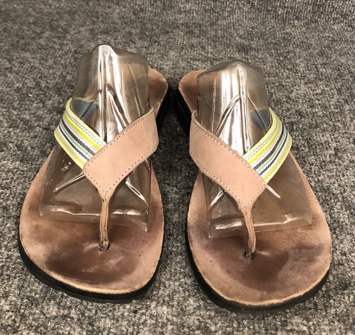 Chaco Womens Sz 10 Yellow Striped & Brown Leather Sandals Flip Flops Thongs EUC - Picture 5 of 9