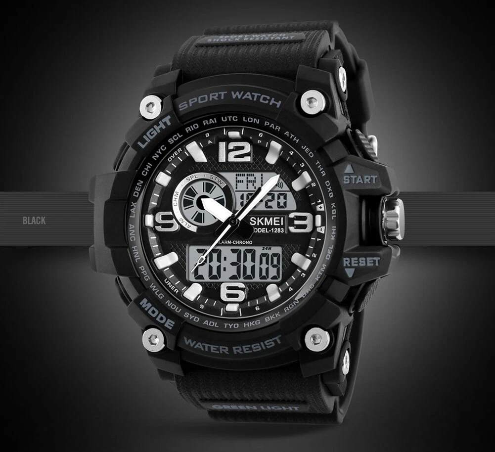 SKMEI Quartz Dual Digital 50m 3 Time Wristwatch Watch LED Men Alarm 1283