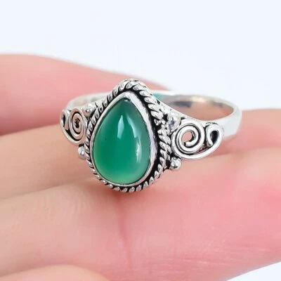 Grüner Onyx Edelstein Handgefertigter Silber Ring Collet Setting RSU8 - Bild 1 von 4