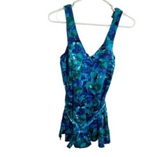 Vintage Maxine of Hollywood Women  s One Piece Swimsuit Teal Blue Floral Skirt
