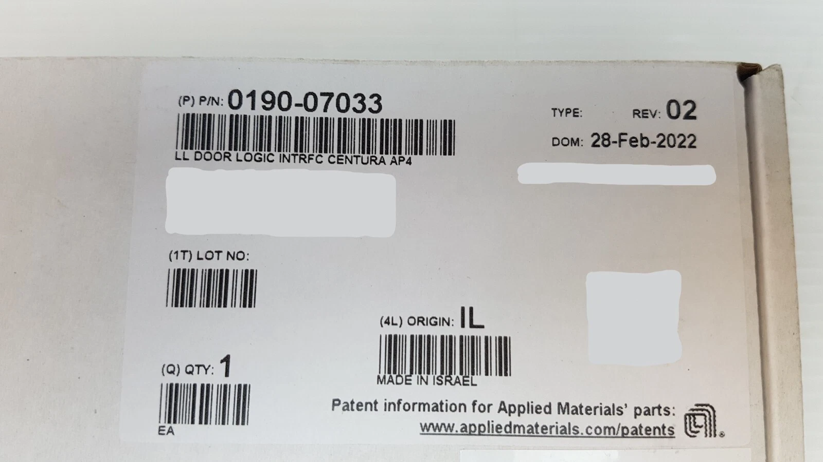 AMAT label: P/N 0190-07033, LL DOOR LOGIC INTRFC CENTURA AP4, Rev 02, DOM 28-Feb-2022