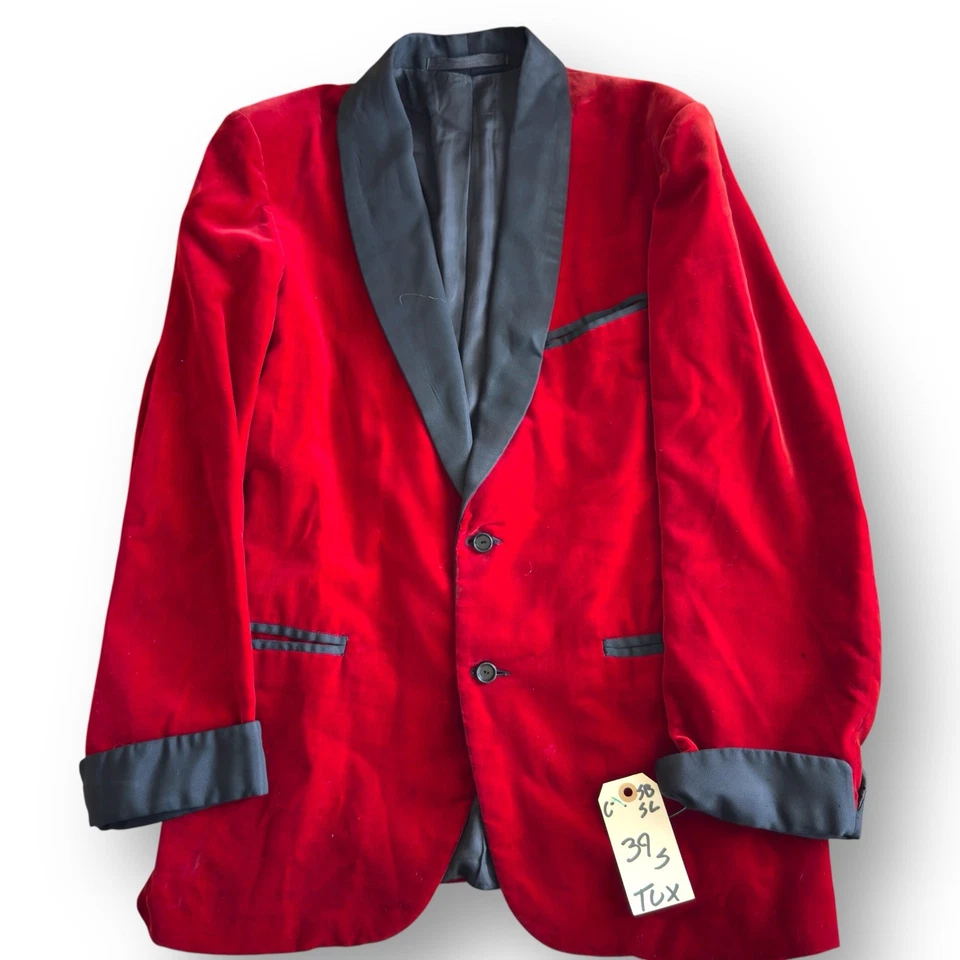 Esmoquin chaqueta de cena chal vintage años 60 rojo cereza terciopelo fumar 40S/42S LEER Foto 2 de 4