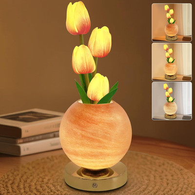 Tulip Table Lamp, Rechargeable Cordless Touch Dimming Artificial Tulip Flower De