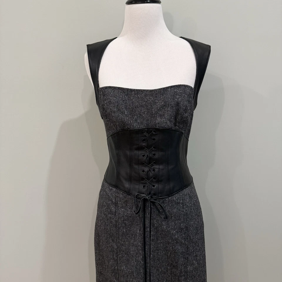 Vestido Lápiz Bebe Vintage Y2K Cuero Real Corsé Lana Midi Gris Tweed Talla 8 Foto 2 de 4