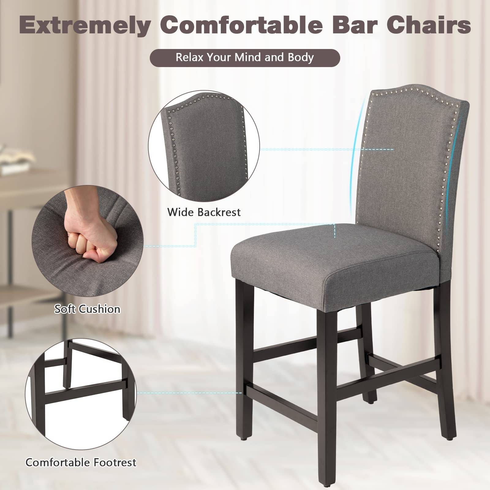 GOFLAME Bar Stools Set of 2, Modern Upholstered Counter Height Barstools with