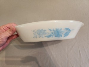 Vintage Oval Glasbake Light Blue Thistle Divided Casserole Dish Milk Glass VGC