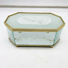Hexagon Brass Beveled Glass Mirrored Footed Trinket Jewelry Vanity Dresser Box