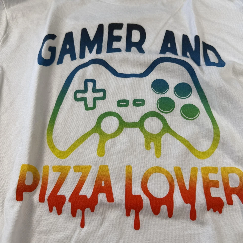 Camisa Antigua Azul Marino Juvenil Grande 10-12 Blanca Gamer y Amante de la Pizza Camiseta Gráfica Niños Foto 2 de 3