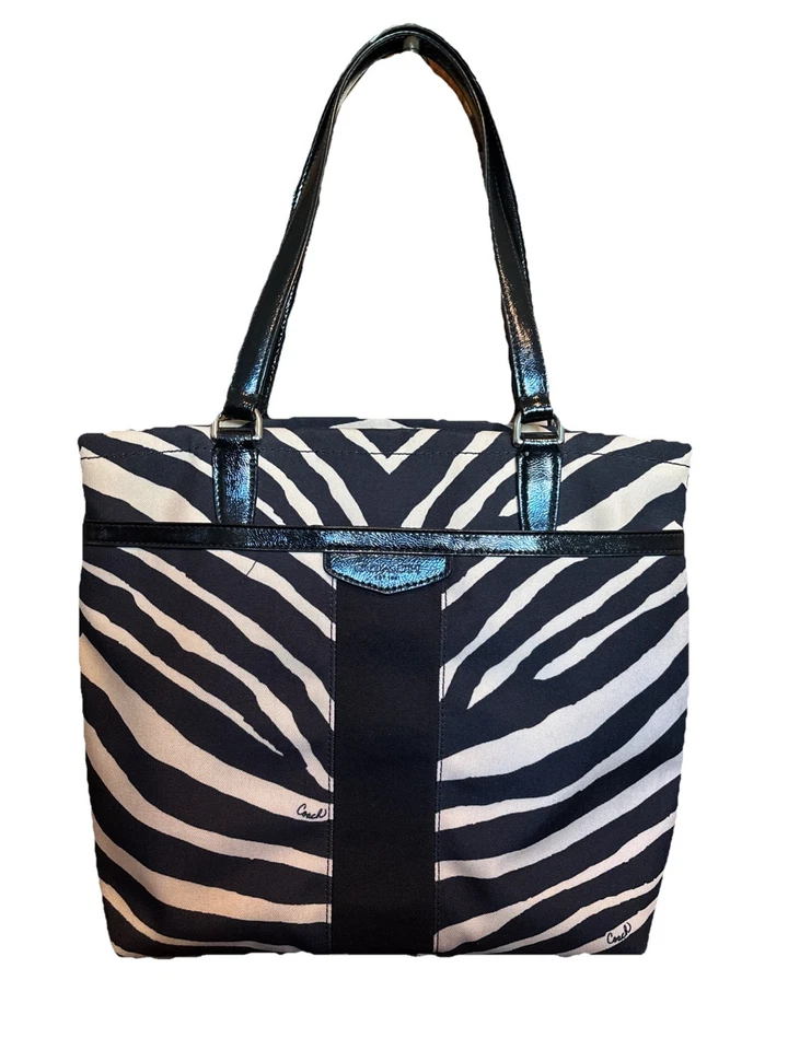 COACH Fabulous Black Tan ZEBRA Print Canvas Striped W/leather TrimPurse Tote Bag