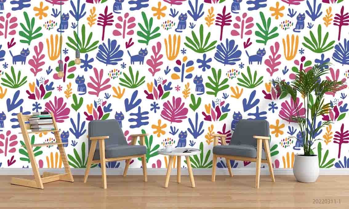 3D Leaves Cat Watercolor Pattern Wall Murals Wallpaper Murals Wall Sticker