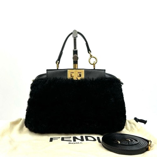 Fendi Mini Peekaboo Shearling Fur Leather Bag Black Gold Turn Lock Crossbody