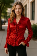 Anne Klein Blouse Womens 8P Red Silk Ruffle Babydoll Bell Sleeve Romantic Y2K